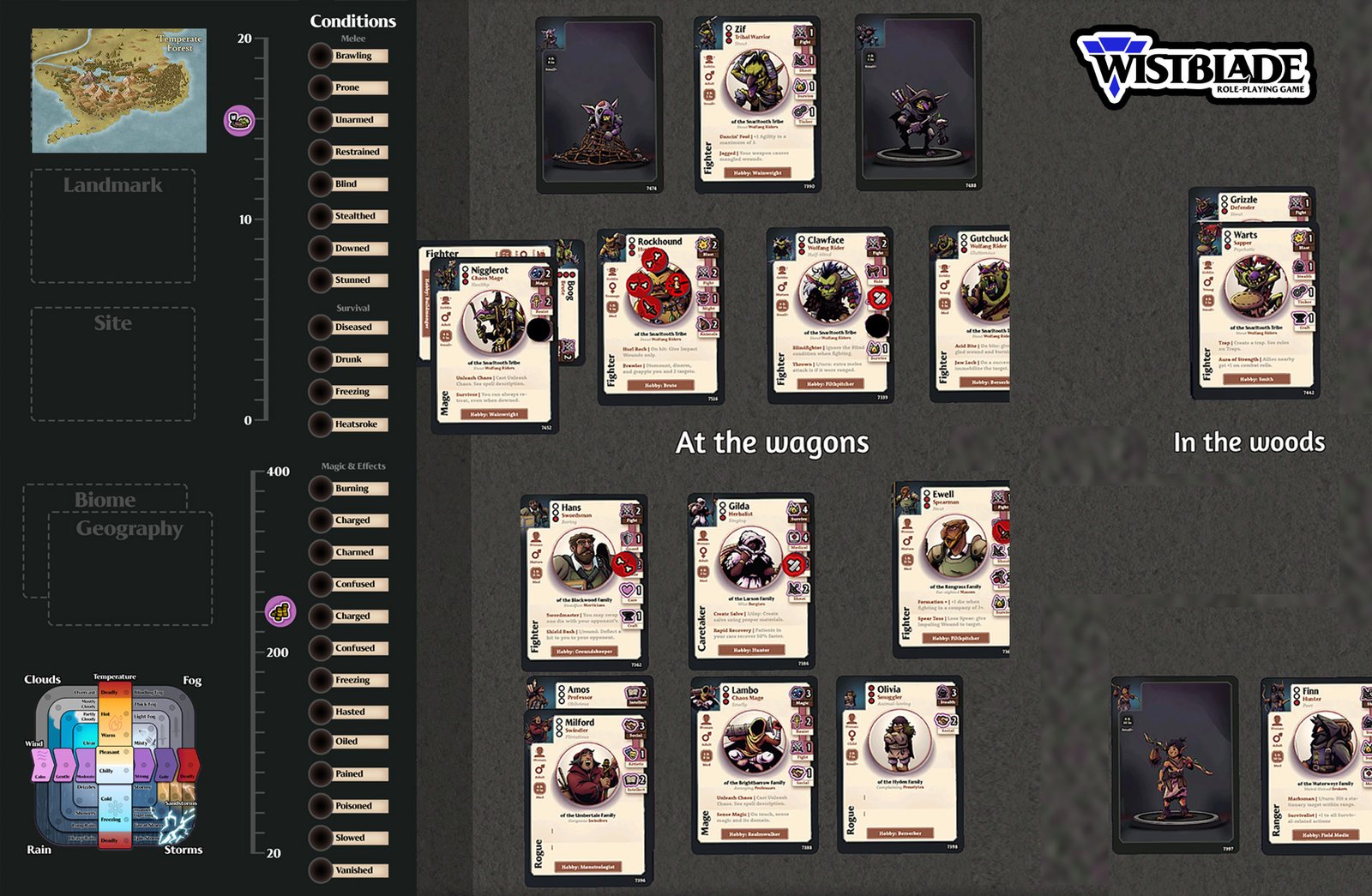 Wistblade's tabletop "interface" features landmarks, maps, and weather widgets along with room for two rows of cards.